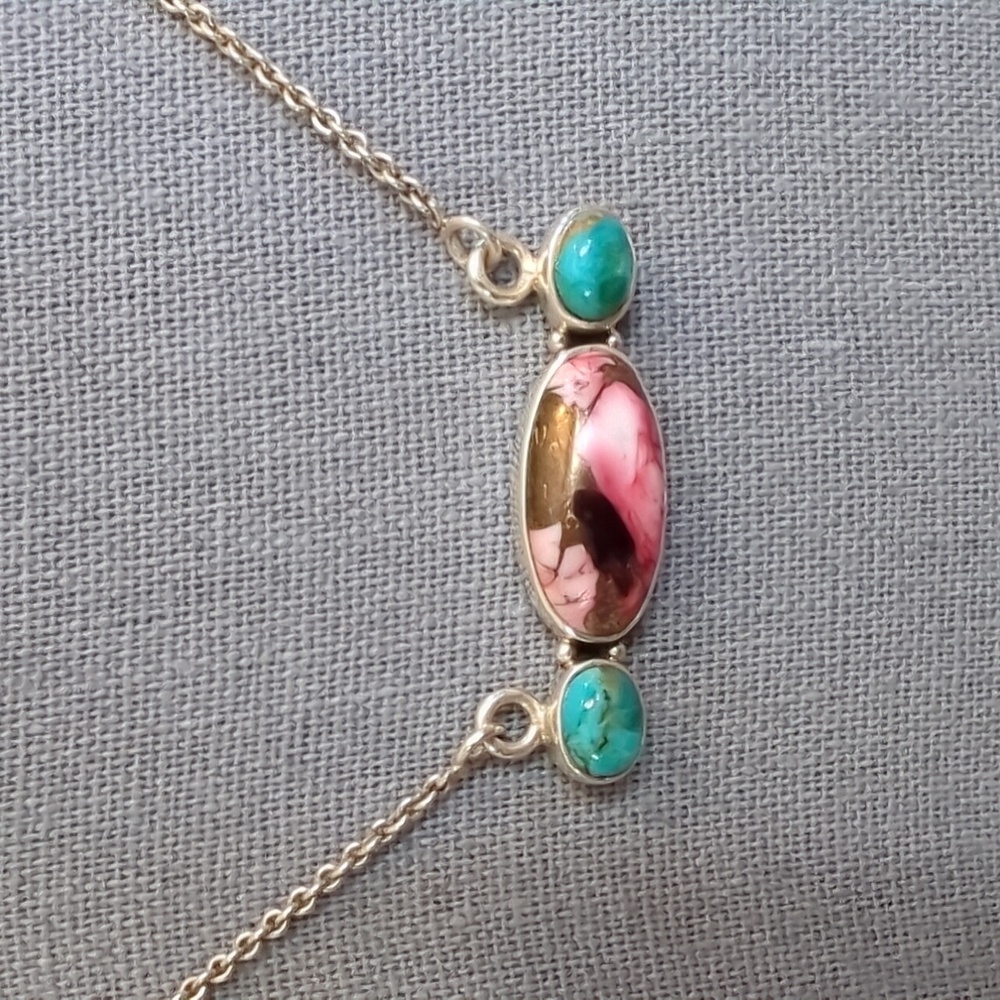 Southwest Red Dahlia Mohave Turquoise Sterling Silver Bar Necklace